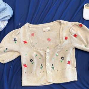 Kimchi Blue Light Tan Cardigan with Floral Embroidery